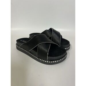 Krush Cross Strap Bead Trim Chunky Black Sliders Sandals Women's Size US 5.5
